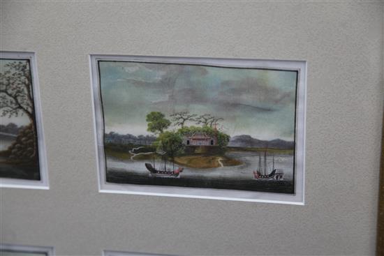 A set of twelve 19th century Chinese gouache on pith paper paintings, 9 x 14cm, framed as two